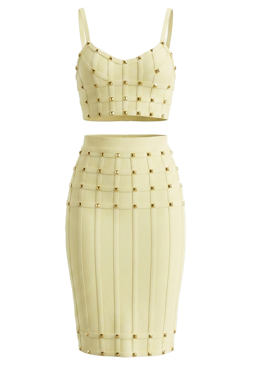 Studded Structured Midi Two Piece Dress Yellow