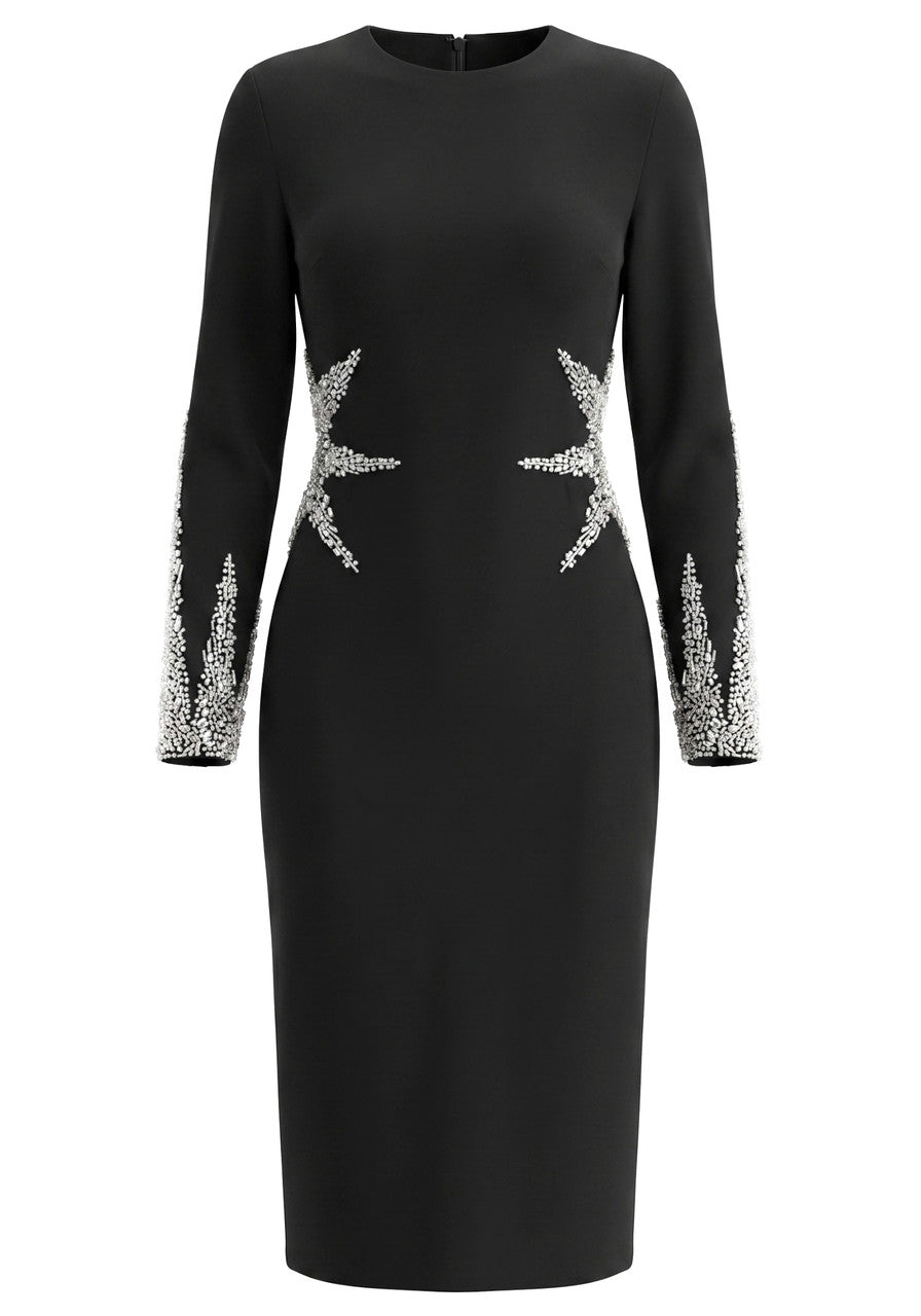 Long Sleeve Crystal Embellished Midi Dress Black
