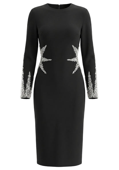 Long Sleeve Crystal Embellished Midi Dress Black