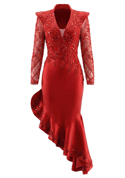 Long Sleeve Sequin Ruffle Midi Dress Red