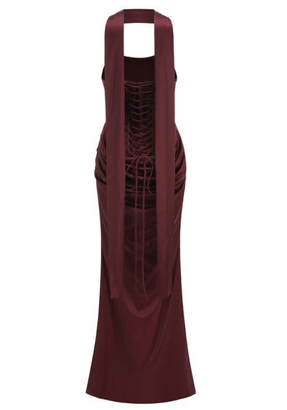 Strapless Draped Corset Maxi Dress Brown