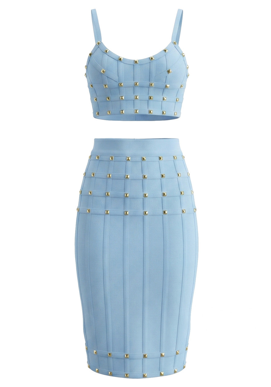 Studded Structured Midi Two Piece Dress Blue